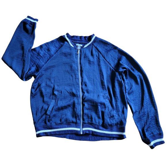 Aerie Women's Bomber Jacket Navy Blue Shiny, Satin-Like Feel, Medium (GUC) - Picture 1 of 10
